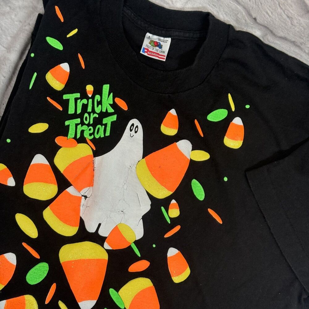 90s Puffy Trick-Or-Treat Halloween T-Shirt Large Candy Corn Single Stitch USA